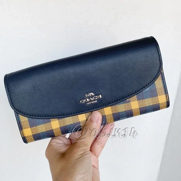 NWT Coach Leather Canvas Envelope Wallet with Gingham Print Blue Yellow - Picture 1 of 9